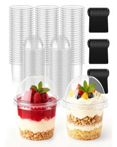 Mwellewm 100 Packs Dessert Cups with Lids, 8 OZ Disposable Plastic Cups with Dome Lid and Fork,Clear Desert Cup Mini Party Serving Container for Parfait Fruit Pudding Jello Ice Cream Drink Yogurt Cake