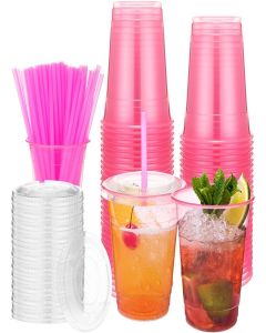 Jingmore 50 Set 12 oz Plastic Pink Cups Glowing Party Pink Disposable Cup with Clear Lids and Straws Disposable Cups Glow in the Dark Drinking Cup Bulk for Weddings Birthdays