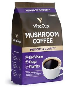 VitaCup Mushroom Coffee Grounds with Lions Mane Chaga B Vitamins D3 Boost Focus Immunity Memory Clarity Medium Dark Roast Bold Smooth 100 Arabica Specialty 10 Oz