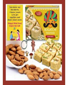 BOGATCHI Bhai Dooj Gift Traditional Soan Papdi, 250g, with Natural California Almonds , 100g + Free Bhai Dooj Greeting Card + Roli Chawal + Ganesha Key Chain