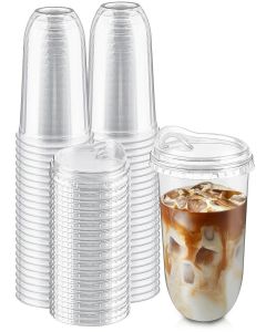 Qeirudu 16 Oz Round Bottom Clear Plastic Cups with Strawless Sip Lids, 50 Pack Disposable Iced Coffee Cups To Go Cups for Cold Drinks, Smoothie, Juice, Milkshake