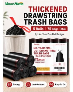 75 Bags, Non-Tearing, Precut, Thickened Drawstring Trash Bags, 5 Rolls, 50 X 60 Cm, Strong Leak-Resistant HDPE Garbage Bags, Easy-Dispense Pre-Cut Design, Black & Red String