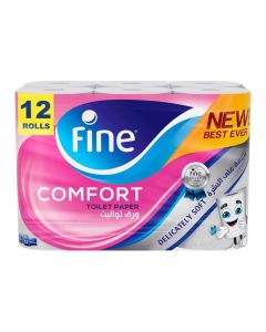 Fine Comfort Toilet Paper 2 Ply, 12 Rolls x 180 Sheets, Absorbent Toilet Roll
