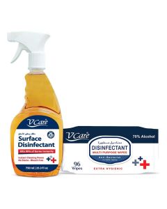 V Care Surface Disinfectant Liquid 750Ml + Disinfectant Multi-Purpose Anti Bacterial Wipes 96'S
