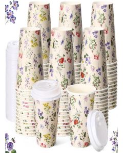 Funnymoom 100 Pieces Vintage Floral Disposable Paper Cups with 120 Lids 12oz Coffee Wildflower Coffee Cups for Spring Floral Themed Birthday Party Women Girls Bridal Wedding Tea Party Baby Shower