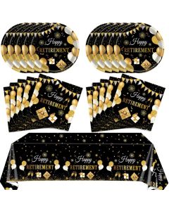 41PCS Retirement Decorations For Men Black and Gold Disposable Tablerware Decoration Favors Including Napkins Plates Tablecloth Set for Women Men Serves 20