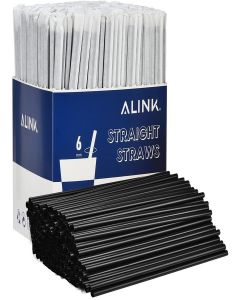 ALINK 500-Pack Black Plastic Disposable Drinking Straws, Individually Wrapped Party Straight Straws - 7.75" x 0.23"