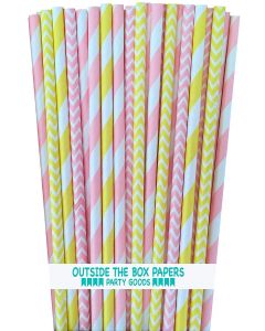 Pink Yellow and White Paper Straws - Stripe and Chevron - Pink Lemonade, Birthday, Baby Shower, Easter Party Supply - 100 Pack Outside the Box Papers Brand