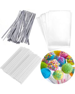Silver Lollipop Cake Pop Treat Bag Set Including 100pcs Parcel Bags 100pcs Papery Treat Sticks 100pcs Colorful Metallic Twist Ties for Making Lollipops Cake Pops Candies Chocolates and Cookies