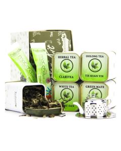 Sampler Kit - Slimming Kit With Tie Kuan Yin Japan Sencha Conpalo Pai Mu Dan Claritea in Tea sealed Can and 2 sachet of Matcha Exclusive Stainless Steel Strainer.