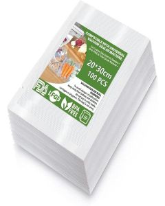100 Professional Vacuum Sealer Bags 20 x 30 cm for All Vacuum Sealer & Food Sealer Bags, Structured Bags, Vacuum Safe, Freezer Bags, BPA Free (Transparent) (20 x 30cm)