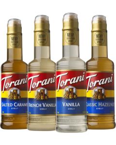 Torani Syrup Cafe Variety Pack - 4 Flavors (Vanilla, Salted Caramel, Classic Hazelnut, French Vanilla) - 12.7 Ounce Bottles