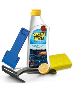 Cerama Bryte Glass Cooktop and Stove Top Cleaner Combo Kit Includes Cleaning Tool Razor Scraper and 3 Pads to Remove Tough Stains Use on Gas Electric Ceramic Surfaces 10 Ounces 6 Piece