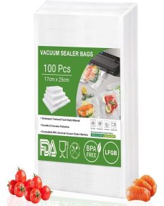 JELLEX BPA-Free Vacuum 100 Pcs Sealing Bags for Food Saver / Precut, Puncture-Resistant Vacuum Sealer Storage Pouches for Vaccuum Sealing Machines (17cm x 25cm)
