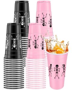 Potchen 30 Pcs Skeleton Halloween Plastic Cups 16 oz Skull Printed Disposable Party Cups Funny Party Supplies for Soda Juice Drinking Punch Halloween Favors Home (Black Pink)