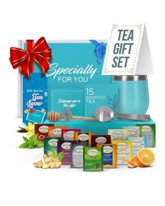 Modern Elegance Tea Tumbler Gift Set Includes Tea Bag Holder Spoon Honey Straw 15 Assorted Flavor Blends Hot Cold 12oz Insulated Tumbler Ideal for Holiday Gift for Tea Lovers Teal