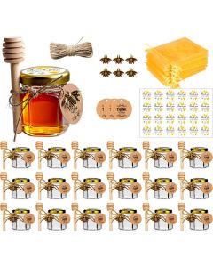 DnayDkiy Mini Honey Jars 15oz Hexagon Glass Honey Pot with Dippers Bee Charms Organza Gift Bags and Stickers Perfect for Baby Shower Gifts Wedding Favors Party Favors 20 Pack