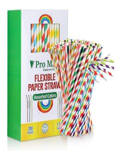 Pro Mael Paper Drinking Straws, Flexible Straws for Juices, Shakes, Smoothies, Disposable Straw for Birthdays, Weddings & Party (200 Pack, Assorted Colors)