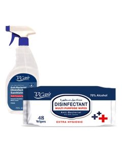 V Care Multipurpose Antibacterial Disinfectant Sanitizing Spray 750Ml Spray + Vcare Disinfectant Multi-Purpose Anti Bacterial Wipes 48'S