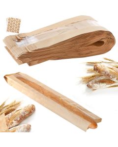 ZENFUN 100 Pack Baguette Kraft Bags with Clear Front Window and 100 Seal stickers Fresh Breads Loaf Packing Bags 23x4x16 Long Bread Kraft Paper Bakery Storage Bag