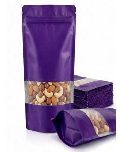Matte Purple Zip Lock Stand Up Pouches / 11×17 cm / 100gm / Pack of 5 / Reusable, Airtight Polyester Storage Bags with Transparent Window / Food Storage, Leakproof, Self Sealing Multi-Purpose