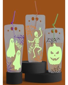 xo, Fetti Glow In Dark Halloween Party Drink Pouches + Straws - 15 Pcs / Halloween Cups, Spooky Party Decorations, Skeleon Party Favors, Ghosts, Pumpkin, Spiderwebs