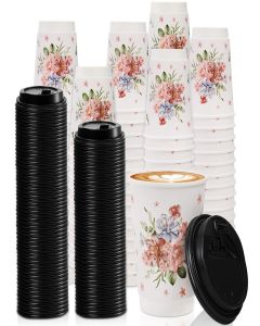 Lyellfe 80 Pack Disposable Coffee Cups with 100 Lids, 12 Oz To Go Coffee Cups, Durable Insulated Hot Drink Paper Cups for Office, Wedding Reception, Iced Coffee, Floral Theme