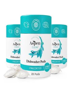 Unscented Dishwasher Pods by AspenClean, New and Improved Packaging, Zero Plastic, Vegan, Eco-Friendly, Natural Dishwasher Detergent, EWG Verified™ - 28 Count (3 Pack)