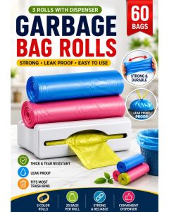Garbage Bags with Dispenser 45x50cm (3 Rolls, 60 Bags) Bio-Degradable Plastic Disposal Garbage Bag Small, Bin Liners for Home, Kitchen & Offices