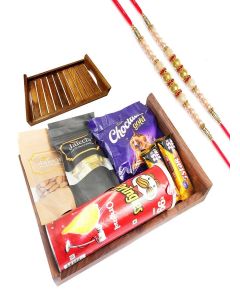 Jaiccha Ghasitaram Rakhi Gifts for Brothers - Striped Big Wooden Tray of Almonds, MEWA Bites, Caramel Toffees and Potato Chips. with 2 Pearl Rakhis