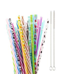 SUBANG 50 Pack Reusable Straws, BPA-Free, 9" Colorful Hard Plastic Stripe Drinking Straw for Mason Jar Tumbler, Family or Party Use with Cleaning Brush