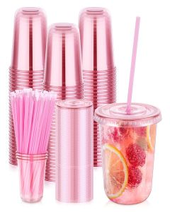 KesaPlan 50 Pack Pink Clear Plastic Cups with Lids and Straws, 12 oz Disposable To Go Iced Coffee Cup for Cold Drinks Smoothie Juice, Rounded Bottom Plastic Cup for Birthday Wedding Meeting Party