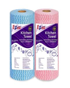 Ezee Non-Woven Reusable & Washable Kitchen Towel - 100 Times Washable / Soft & Highly Absorbent / Better Alternative to Dishcloth, Paper Roll/Paper Towel / 80 Pulls (Blue & Pink, 80 Pulls, pack of 2)