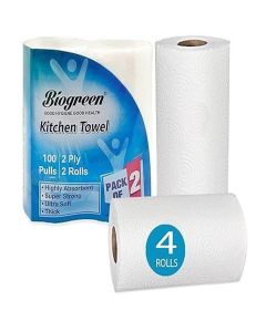Biogreen Kitchen Tissue/Towel Paper Roll, 2 Ply soft and highly absorbent - 4 Rolls (100 Pulls Per Roll, 400 Sheets