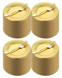Zhehao 240 Pcs Dessert Plates with Mini Forks for 120 Guests, Includes 120 Set 7'' Disposable Cake Plates and 7.5'' Mini Dessert Forks for Wedding, Birthday Party, Mother's Day(Gold)