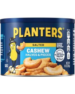 PLANTERS Salted Cashew Halves & Pieces - 8oz Canister of Crunchy Party Snacks with Plant-Based Protein