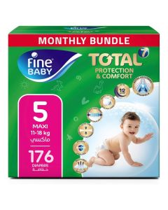 Fine Baby Total 7 Diapers, Size 5 Maxi (11-18kg), 176 Count – Mega Pack, Soft, Absorbent & Leak Proof