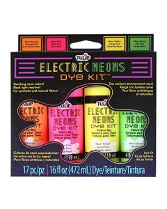 Tulip Electric Neons TieDye Kit Party Activity Black Light Reactive Fabric Dye Premixed Green Yellow Orange Pink Easy Application Cleanup Precision Tips Fun Techniques UltraBold Colors