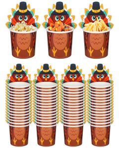 Jingmore 50 Pcs Thanksgiving Treat Snack Cups 8 oz Turkey Paper Cups Autumn Paper Bowls Disposable Fall Bowls for Thanksgiving Party Decorations Ice Cream Dessert Soup Food Supplies
