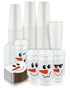 Ziliny 100 Pack 12 oz Christmas Disposable Paper Cups with Lids and Coffee Cup Sleeves Xmas Chocolate Cups Holiday Coffee Cups Snowman Paper Cups for Hot Cold Drinks Beverage Party Supplies