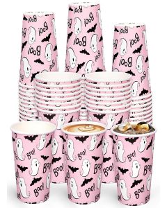 JarThenaAMCS 100Pcs Halloween Ghost Paper Cups 9oz Cute Ghost Bat Boo Pink Disposable Cups Party Cups for Hot Cold Drinks Beverage Halloween Party Supplies