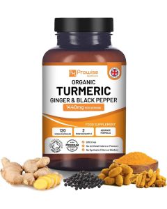Organic Turmeric Capsules High Strength 1440mg 120 Capsules with Black Pepper Ginger Active Ingredient Curcumin 2 Month Supply Made in UK by Prowise Healthcare