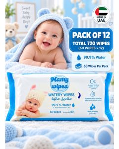 Pack of 12 MAMY WIPES Watery Baby Wet Wipes, 720 Wipes Total, 60 Wipes in Each Pack, 99.9% Water with 0.1% Aloe Vera Extract, 0% Alcohol and Parabens, pH Balanced for Skin Protection, Highly Hydrating Wipes for Everyday Baby Cleansing and Convenient Home 