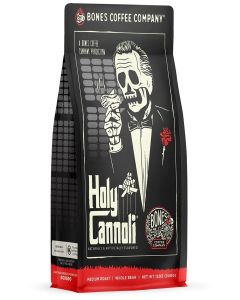 Bones Coffee Company Holy Cannoli, Baked Cannoli Flavored Coffee, Medium Roast Low Acid Arabica Beans Compatible with Auto drip and French Press Coffee Maker, 12 Oz Whole Bean