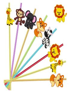 24pcs Reusable Forest Animals Crazy Straws, Drink Cocktail Straws for Lion Fox Zebra Giraffe Safari Birthday Party Supplies Favors, Woodland Party Favors with 2 Cleaning Brushes 6 Colors