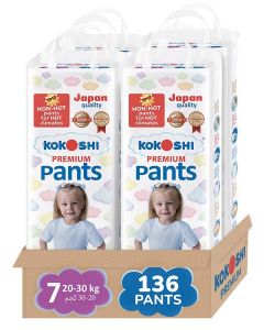 Kokoshi Premium Baby Pants Size 7 (20–30kg), 136 pcs – Ultra-Soft, Hypoallergenic, 12h Protection, Breathable, Leak-Proof Japanese Pull-Up Nappies