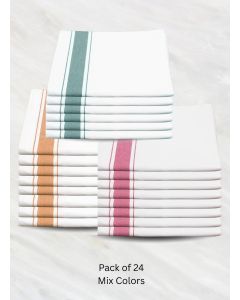 Premium Soft Linen Table Napkins Set / White with Yellow , Green and Pink Stripe (50x70 cm) / Pack of 24 / Hotel Quality