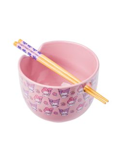 Silver Buffalo Sanrio Hello Kitty and Friends My Melody and Kuromi Pastel Flowers Ceramic Ramen Noodle Rice Bowl with Chopsticks Microwave Safe 20 Ounces