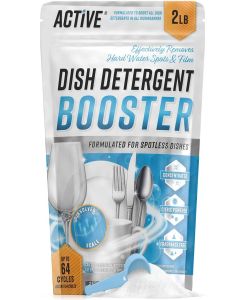 Dishwasher Detergent Booster Prewash Powder - ACTIVE Citric Acid Dishwashing Additive for Hard Water, Natural Dish Washer Shine & Rinse Aid, Lime Scale Remover for Cloudy Glassware - 64 Uses (32-oz
