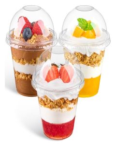 Qeirudu 50 Pack 9 Oz Clear Plastic Dessert Cups with Dome Lids No Hole, Small Parfait Cups Mini Round Party Serving Cups for Ice Creams, Cakes, Fruits, Snacks